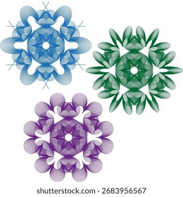 Abstract symmetrical patterns. Colorful wireframe shapes. Vector geometric ornaments. Radial mandala design. EPS 10.
