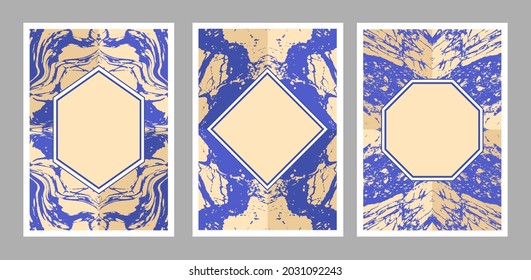 Afiches simétricos abstractos con textura de mármol en color azul y polvoriento