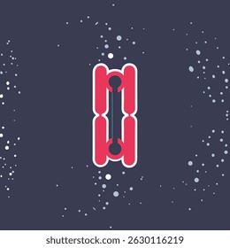 Abstract symmetrical red and white figure on a dark blue background with white dots scattered around it