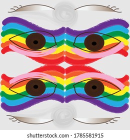 An abstract symmetrical seamless pattern featuring wide open brown eyes and pink eyelids overlaying colors of rainbow to raise awareness for concepts such as LGBTQ pride and racial injustice.