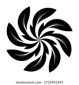 Abstract symmetrical swirling design featuring black leaflike shapes arranged in a radial pattern creating a sense of movement and energy isolated on a clean white background