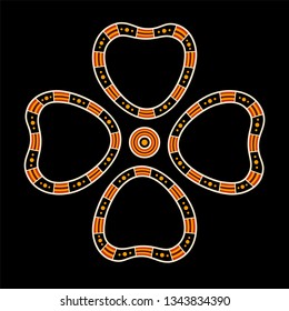 Abstract symmetrical symbol. Australian, aboriginal art style. Template for your design. Graphic print. Design element. Vector color illustration isolated on black background. 