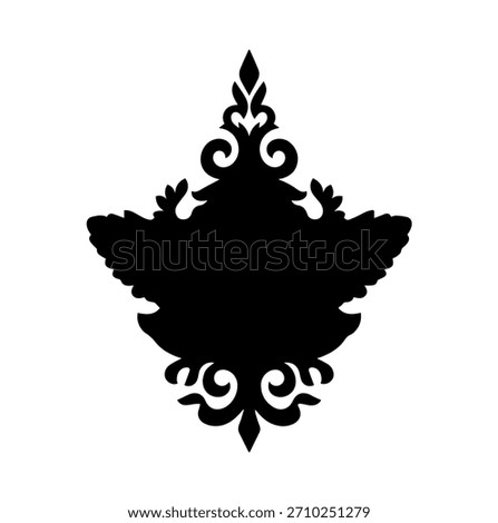 Abstract symmetrical teardrop silhouette vector illustration motif with classic baroque scrolls and intricate floral corner accents