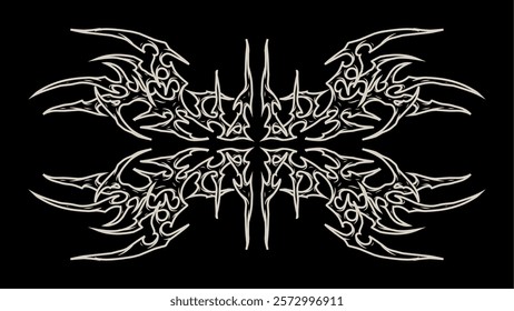 Abstract symmetrical tribal design with sharp, black and white gothic patterns. Perfect for tattoos, metal band logos, or decorative artwork reflecting dark, intricate aesthetics