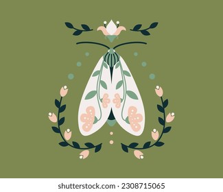 Resumen de ilustración de vector simétrico. Lágrima de arte folclórico colorida con flores, hojas de estilo plano sobre fondo verde