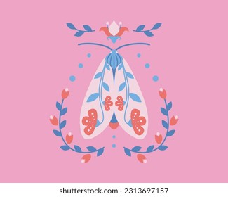 Abstract symmetrical vector illustration. Colorful folk art moth with flowers, leaves in flat style on pink background