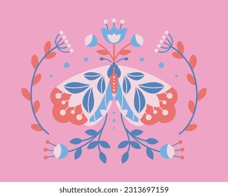 Abstract symmetrical vector illustration. Colorful folk art moth with flowers, leaves in flat style on pink background