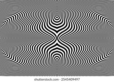 Abstract Symmetrical Wavy Lines Op Art Pattern. 3D Illusion Effect. Black and White Textured Background. Vector Illustration.