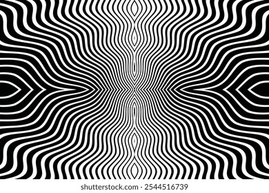 Padrão Abstrato De Linhas Onduladas Simétricas. Fundo texturizado preto e branco. Arte vetorial.