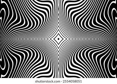 Abstract Symmetrical Wavy Lines Pattern. Black and White Textured Background. Vector Art.