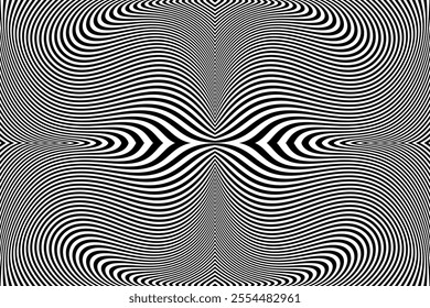 Abstract Symmetrical Wavy Lines Pattern. 3D Illusion Effect. Black and White Textured Background. Vector Art.