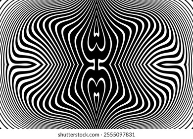 Abstract Symmetrical Wavy Lines Pattern. Black and White Textured Background. Vector Art.