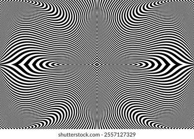 Abstract Symmetrical Wavy Lines Pattern. 3D Illusion Effect. Black and White Textured Background. Vector Art.