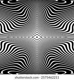 Abstract Symmetrical Wavy Lines Pattern. Black and White Textured Background. 3D Illusion Effect. Vector Art.