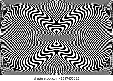 Abstract Symmetrical Wavy Lines Striped Black and White Op Art Pattern with 3D Illusion Effect. Vector Illustration.