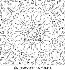 Abstract symmetrical zentangle background. Doodle perfect for cards, invitations, wedding, t-shirt, brochure, flyer. Indian east style. Black and white ornament for design. Vector illustration.
