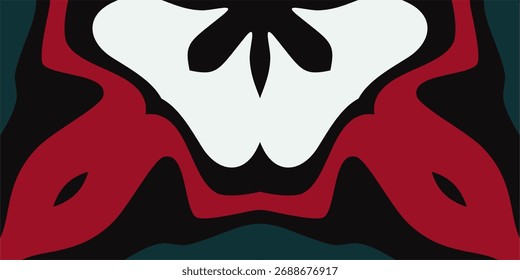 An abstract symmetrically patterned composition featuring flowing organic shapes in a dark color palette with a touch of red and white.