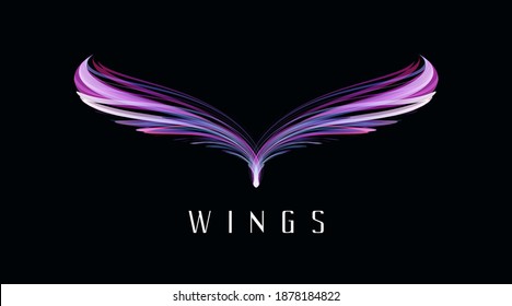 Abstract symmetry bird wings, glowing neon lights forming fantasy bird shape, puple modern graphic element, corporate identity