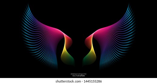 Abstract symmetry bird wings line rainbow colorful isolated on black background. Vector illustration.