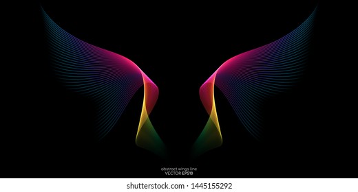 Abstract symmetry bird wings line rainbow colorful isolated on black background. Vector illustration.