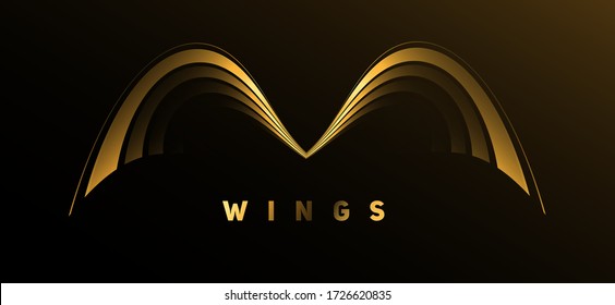 Abstract symmetry shiluette of wings made of gold metal lines or m letter, luxury graphic element for logo with golden text