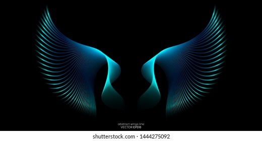 Abstract symmetry wings line blue green colors isolated on black background. Vector illustration in concept of freedom.