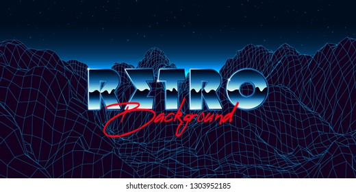 Abstract synthwave background completed in retro style. Futuristic landscape grid, sunset and starry sky. Bright typography of 80s. Retro futurism. Game environment concept. Vector illustration
