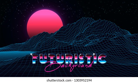 Abstract synthwave background completed in retro style. Futuristic landscape grid, sunset and starry sky. Bright typography of 80s. Retro futurism. Game environment concept. Vector illustration