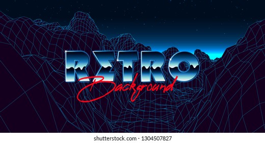 Abstract synthwave background completed in retro style. Futuristic landscape grid, sunset and starry sky. Bright typography of 80s. Retro futurism. Game environment concept. Vector illustration