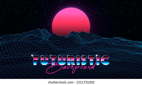 Abstract synthwave background completed in retro style. Futuristic landscape grid, sunset and starry sky. Bright typography of 80s. Retro futurism. Game environment concept. Vector illustration