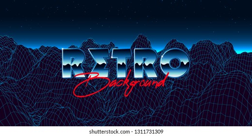 Abstract synthwave background completed in retro style. Futuristic landscape grid, sunset and starry sky. Bright typography of 80s. Retro futurism. Game environment concept. Vector illustration