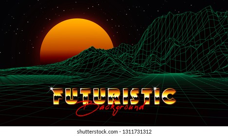 Abstract synthwave background completed in retro style. Futuristic landscape grid, sunset and starry sky. Bright typography of 80s. Retro futurism. Game environment concept. Vector illustration