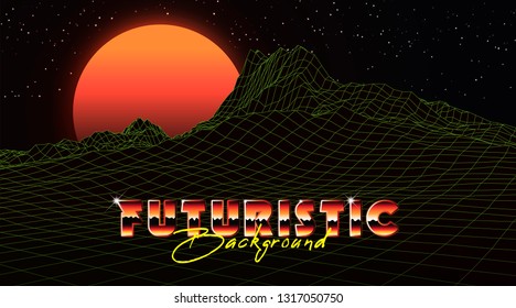 Abstract synthwave background completed in retro style. Futuristic landscape grid, sunset and starry sky. Bright typography of 80s. Retro futurism. Game environment concept. Vector illustration
