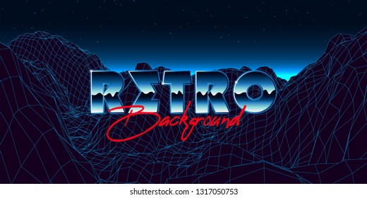 Abstract synthwave background completed in retro style. Futuristic landscape grid, sunset and starry sky. Bright typography of 80s. Retro futurism. Game environment concept. Vector illustration