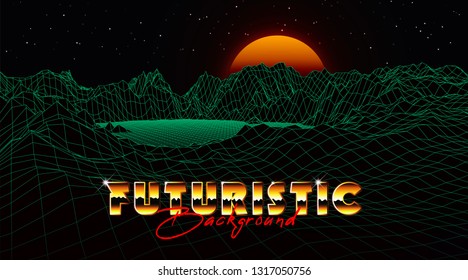 Abstract synthwave background completed in retro style. Futuristic landscape grid, sunset and starry sky. Bright typography of 80s. Retro futurism. Game environment concept. Vector illustration
