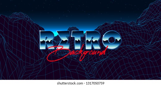 Abstract synthwave background completed in retro style. Futuristic landscape grid, sunset and starry sky. Bright typography of 80s. Retro futurism. Game environment concept. Vector illustration