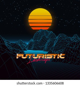 Abstract synthwave background completed in retro style. Futuristic landscape grid, sunset and starry sky. Bright typography of 80s. Retro futurism. Game environment concept. Vector illustration