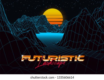 Abstract synthwave background completed in retro style. Futuristic landscape grid, sunset and starry sky. Bright typography of 80s. Retro futurism. Game environment concept. Vector illustration