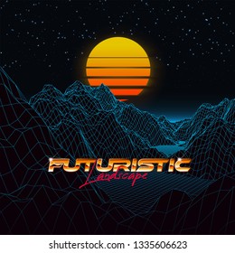 Abstract synthwave background completed in retro style. Futuristic landscape grid, sunset and starry sky. Bright typography of 80s. Retro futurism. Game environment concept. Vector illustration