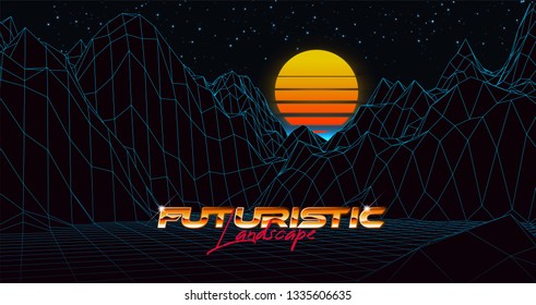 Abstract synthwave background completed in retro style. Futuristic landscape grid, sunset and starry sky. Bright typography of 80s. Retro futurism. Game environment concept. Vector illustration