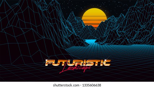 Abstract synthwave background completed in retro style. Futuristic landscape grid, sunset and starry sky. Bright typography of 80s. Retro futurism. Game environment concept. Vector illustration