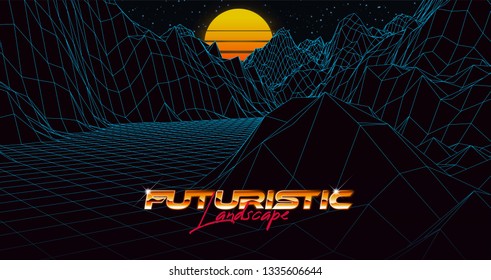 Abstract synthwave background completed in retro style. Futuristic landscape grid, sunset and starry sky. Bright typography of 80s. Retro futurism. Game environment concept. Vector illustration