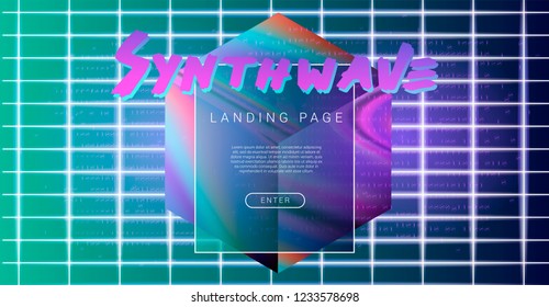 Abstract Synthwave Style Background for AI (artificial intelligence) conference, Big Data meetup, Hackathon. Holographic Laser Grid with binary lines of code. Retrowave/ Synthwave/ Vaporwave style.