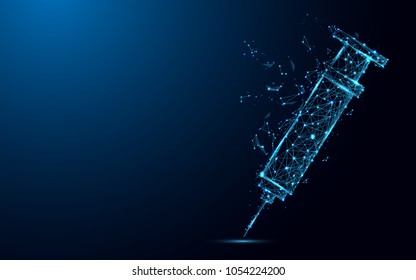 Abstract Syringe closeup form lines and triangles, point connecting network on blue background. Illustration vector