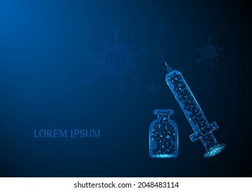 Abstrakte Spritzennadel und Flaschenformlinien und Dreiecke, die das Netzwerk auf blauem Hintergrund verbinden. Covid-19 Impfstoff-Konzept. Illustrationsvektor.