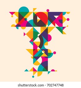 Abstract T letter design, made of various geometric shapes in color. Vector illustration.