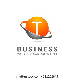 Abstract T letter vector logo icon template. Orange company logo, abstract logo, design element, creative idea. globe logo, planet logo, circle logo, swoosh logo, world logo, silver metal logo,