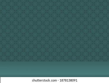 Abstract Table Display with Vintage Flower Pattern Background in Tidewater Green Color, Suitable for Product Presentation Backdrop, Display, and Mock up.