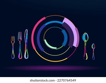 Abstract table setting top view. Empty plate spoon fork and knife from multicolored paints. Colored drawing. Vector illustration of paints