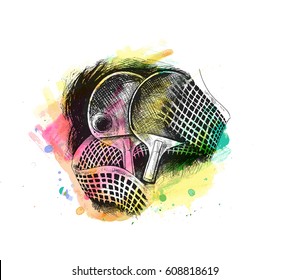 Abstract table tennis poster with grunge net, Hand Drawn Sketch Vector illustration.
